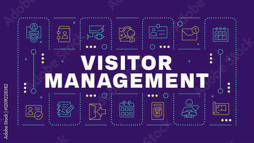 Visitor management purple word concept. Personal information, privacy. Security organization. Horizontal vector image. Headline text surrounded by editable outline icons. Hubot Sans font used photo