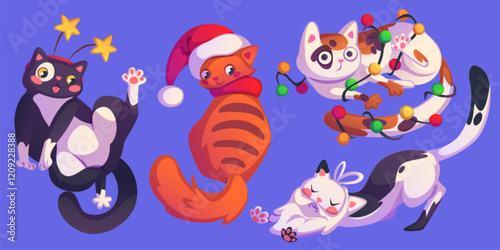 Christmas cats set with playful holiday characters. Cartoon pets - black kitten with stars on head, ginger pet in Santa hat, white spotted feline tangled in garland, stretching kitty with beard.