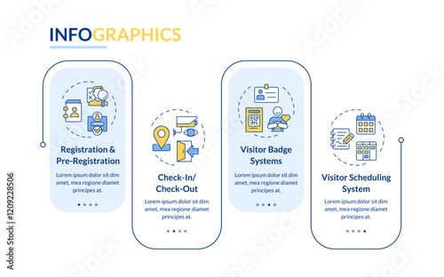 Visitors management technology rectangle infographic vector. Scheduling system, registration. Data visualization with 4 steps. Editable rectangular options chart. Lato-Bold, Regular fonts used
