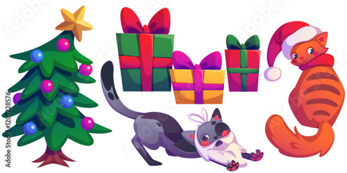 Christmas set of decorated pine tree with star topper, colorful presents with bows, playful gray kitty with beard costume accessory, ginger pet in Santa hat. Cartoon holiday composition with cute pets photo