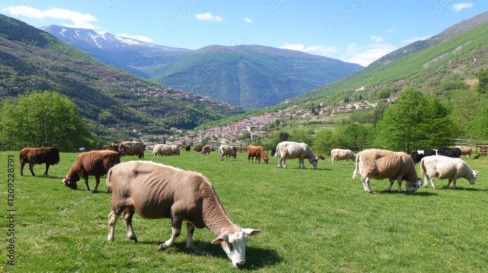 Sheep and cows graze in mountain pasture, village backdrop Sheep and cows graze in mountain pasture, village backdrop