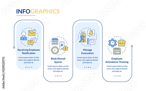 Visitor management software features rectangle infographic vector. Workplace security. Data visualization with 4 steps. Editable rectangular options chart. Lato-Bold, Regular fonts used