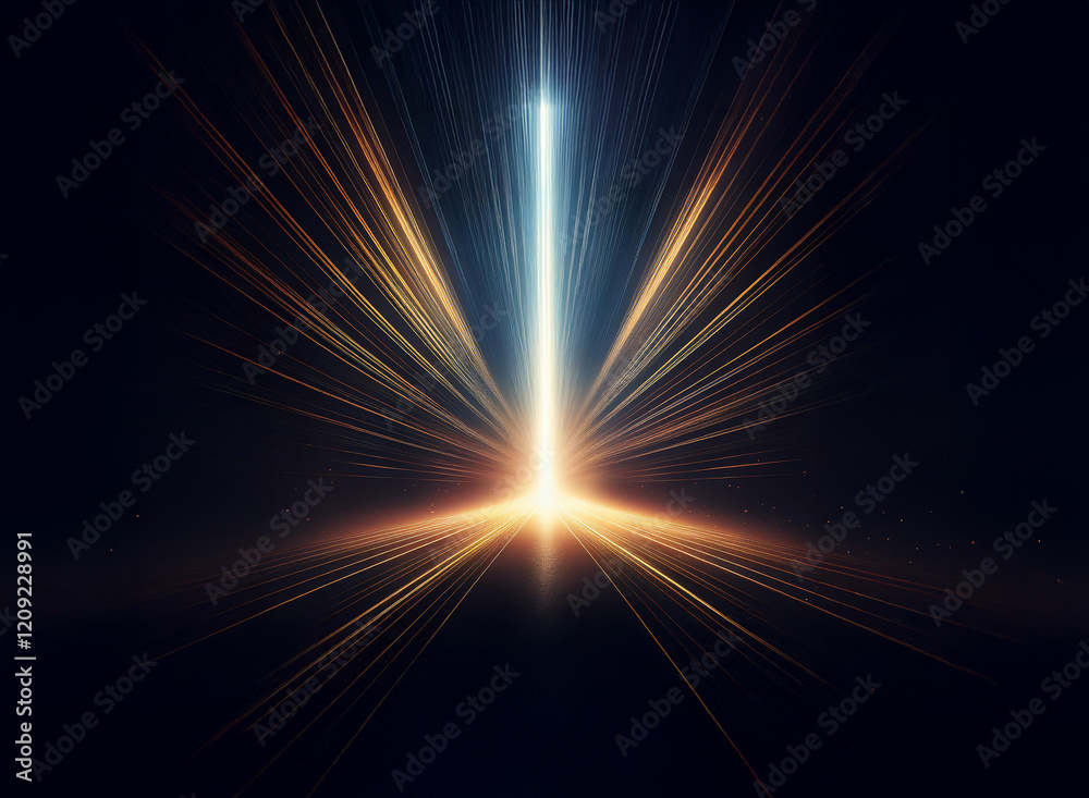Fototapeta premium A bright beam of light, radiating outwards in a starburst pattern, emanates from a central point, creating a dynamic and energetic scene. The colors are primarily warm golds and oranges, with a cool 