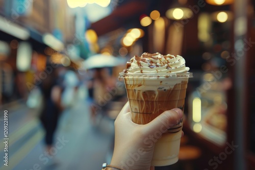 hand holding a glass of coffee on street