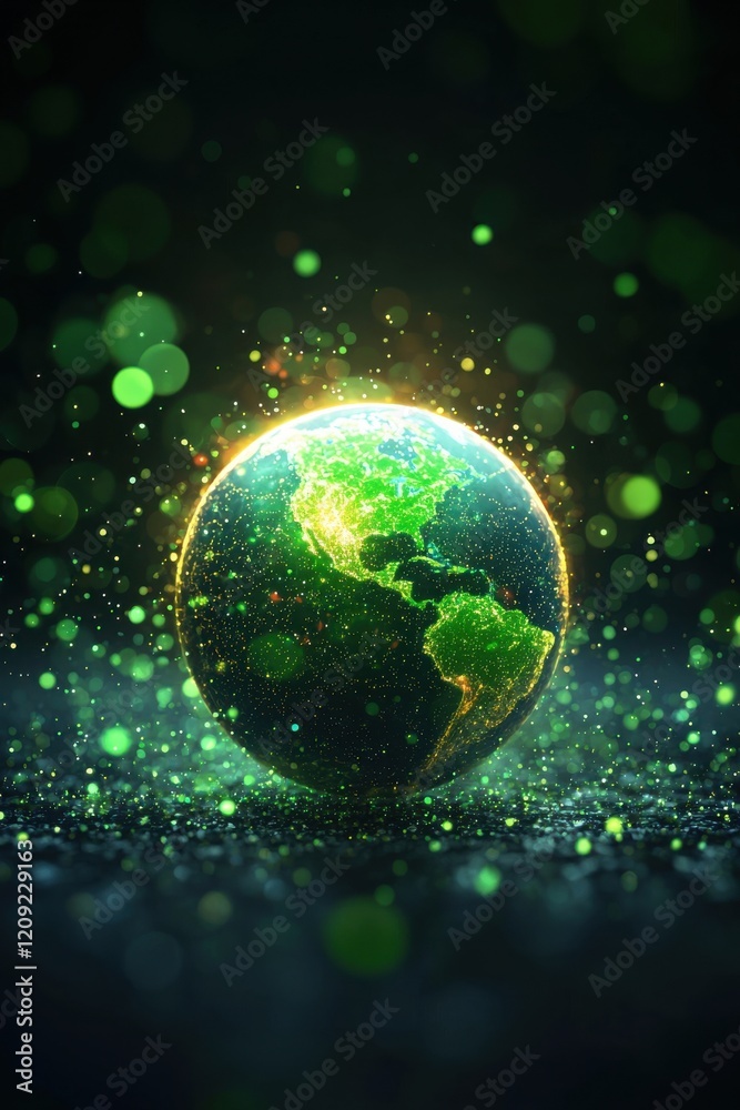 Green Earth glowing with renewable power and nature preservation symbols Green Earth glowing with renewable power and nature preservation symbols