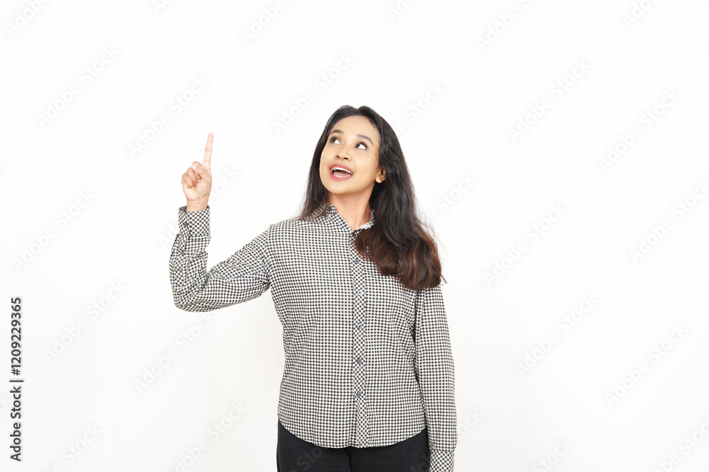 Showing, Presenting and pointing up at copyspace Of Beautiful Asian Woman Isolated On White Background Showing, Presenting and pointing up at copyspace Of Beautiful Asian Woman Isolated On White Background