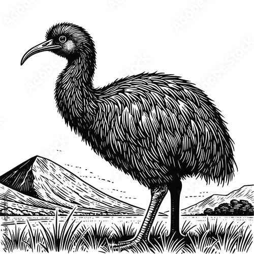 Moa bird black line illustration, Moa bird vector illustration, extinct animal