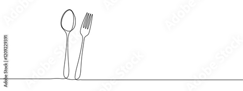 One continuous line, spoon and fork, dining table line art vector illustration with transparent background editable stroke.