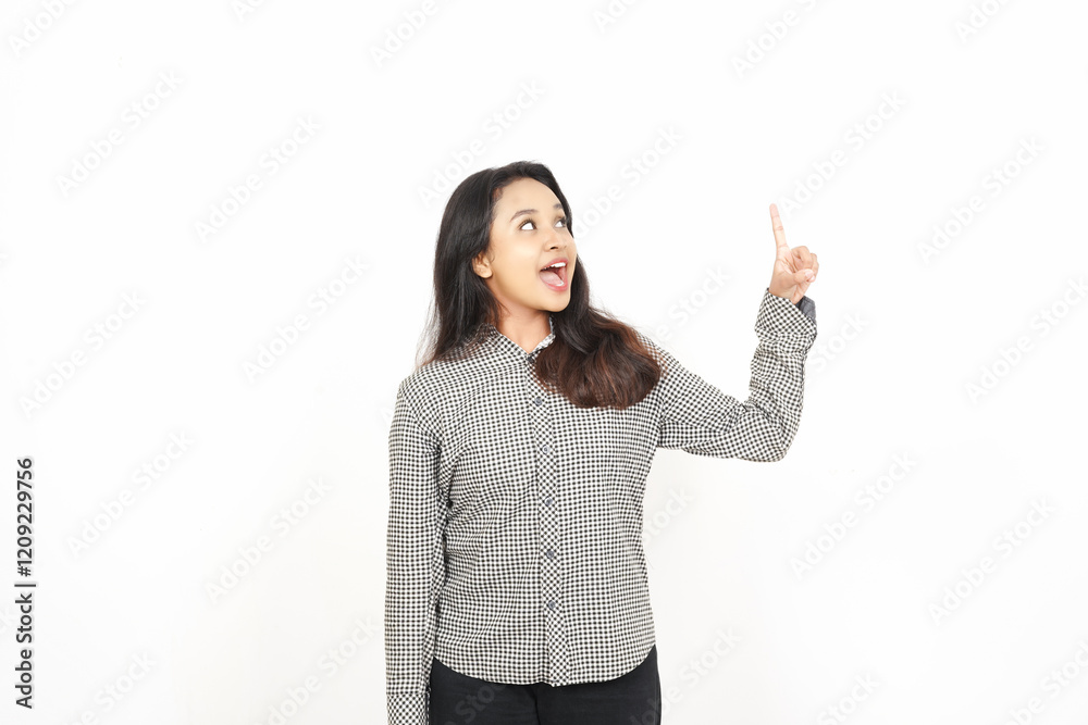 Showing, Presenting and pointing up at copyspace Of Beautiful Asian Woman Isolated On White Background Showing, Presenting and pointing up at copyspace Of Beautiful Asian Woman Isolated On White Background