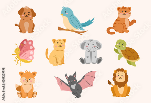 Set of Flat Cute Animal Collection Vector Illustration. Cartoon Style Hand-Drawn Animals for Kids and Fun Designs. Fun and Playful Animal Set Vector Illustrations