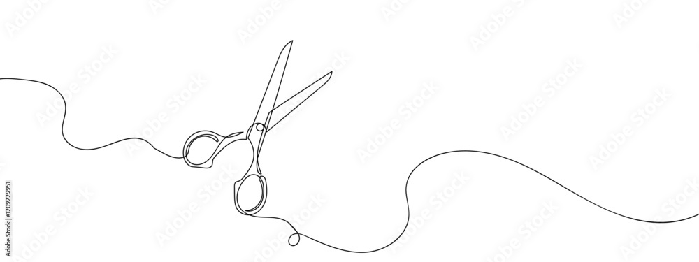 Single continuous line, hair cutting scissors, barber shop line art vector illustration with transparent background editable stroke.