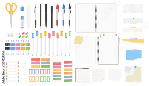 文房具のセット、無地のノート、はさみ、ペン、鉛筆、のり、消しゴム、クリップ、付箋、定規	