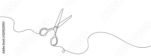 Single continuous line, hair cutting scissors, barber shop line art vector illustration with transparent background editable stroke.