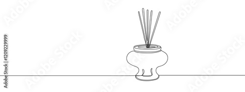 One continuous line, incense burner, worship line art vector illustration with transparent background editable stroke.