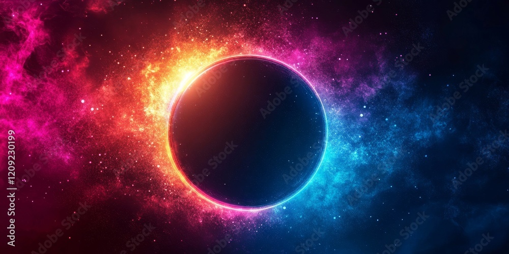 Obraz premium Blue magenta glowing circle on dark grainy background, vibrant gradient header design, Generative AI