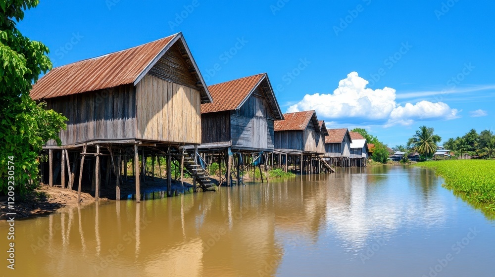 Traditional Wooden Houses on Stilts by Serene Waterway in Nature Traditional Wooden Houses on Stilts by Serene Waterway in Nature