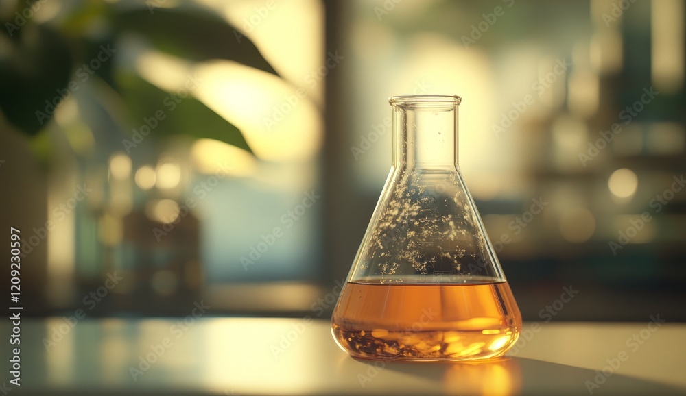 Amber liquid in Erlenmeyer flask on lab bench.