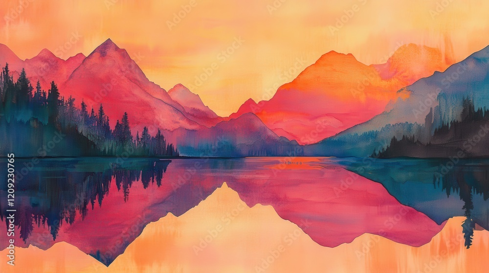 Fototapeta premium Serene Sunset Reflection: Mountains Mirrored in a Calm Lake at Golden Hour