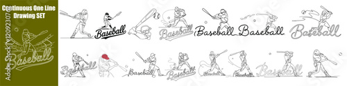 Baseball Set Sports Continuous One Line Drawing Vector Art