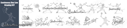 Badminton Set Sports Continuous One Line Drawing Vector Art