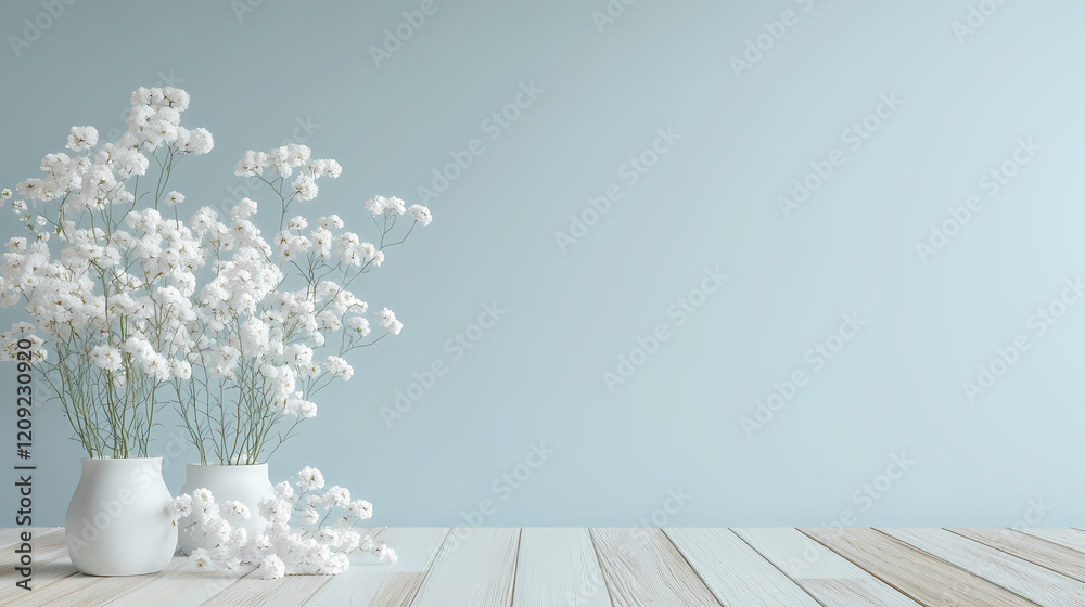 Serene Design with White Flowers and Wooden Table Serene Design with White Flowers and Wooden Table