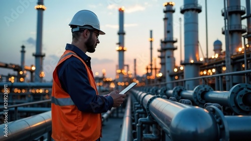  Professional factory worker walking and d with a tablet on Industrial background. Male expert looking the refinery premises or gas pipeline. Heavy Industry Engineer Wearing Safety Uniform