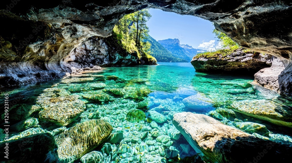 Fototapeta premium Crystal-clear lake seen from cave, mountain backdrop, summer. Travel brochure use