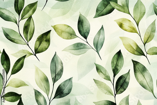Delicate watercolor pattern featuring abstract leaf shapes in various shades of green on a light background