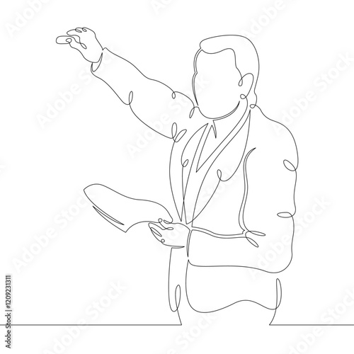 Scientist professor teacher stands writes on the student board. One continuous drawing line, logo single hand drawn art doodle isolated minimal illustration.