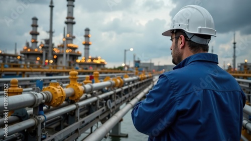  Professional factory worker walking and d with a tablet on Industrial background. Male expert looking the refinery premises or gas pipeline. Heavy Industry Engineer Wearing Safety Uniform photo