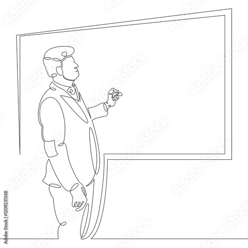 Scientist professor teacher stands writes on the student board. One continuous drawing line, logo single hand drawn art doodle isolated minimal illustration.