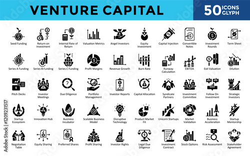 Venture Capital icons set with seed funding, return on investment, internal rate of return, valuation metrics, angel investors, equity investment, capital injection icon. Simple glyph vector 
