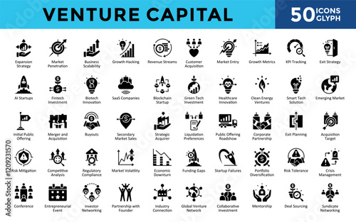 Venture Capital icons set with expansion strategy, market penetration, business scalability, growth hacking, revenue streams, customer acquisition, market entry icon. Simple glyph vector 
