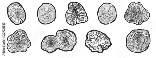 Round tree trunk cuts. Wooden topography. Pine or oak slices, lumber. Saw cut timber, wood. Wooden texture with tree rings and cracks. Hand drawn sketch.