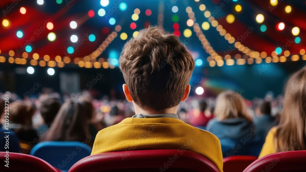 Rear view of children watching a captivating show on stage, immersed in the performance and full of wonder. Rear view of children watching a captivating show on stage, immersed in the performance and full of wonder.