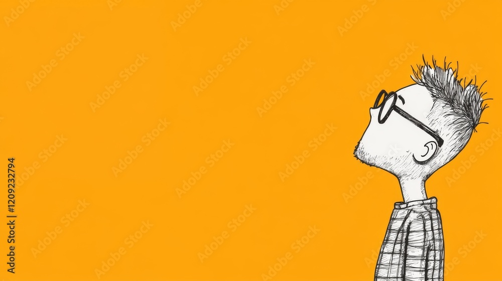 Fototapeta premium Pen sketch of a man looking up, against a yellow background.