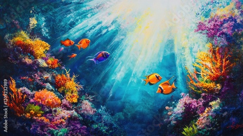 A vibrant underwater scene showing a variety of tropical fish darting among colorful coral, with sun rays filtering through the water.