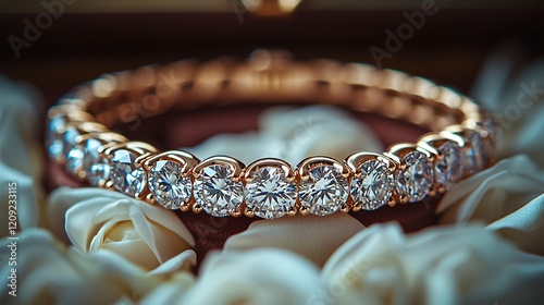 A stunning diamond bracelet rests elegantly on soft white roses, showcasing its sparkle and intricate design.