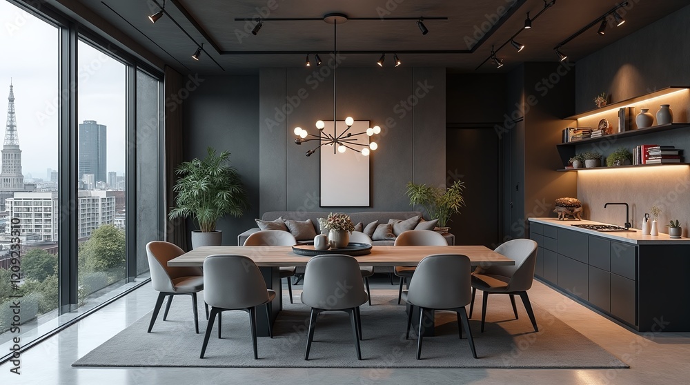 Industrial dark style interior design, 3D rendering Industrial dark style interior design, 3D rendering