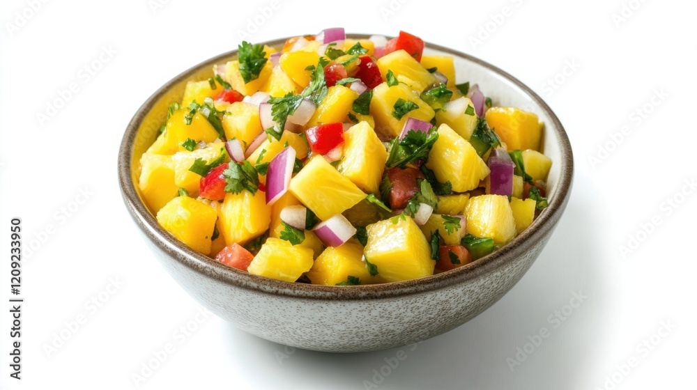 A bowl of vibrant tropical fruit salsa with diced mango, pineapple, red onion A bowl of vibrant tropical fruit salsa with diced mango, pineapple, red onion