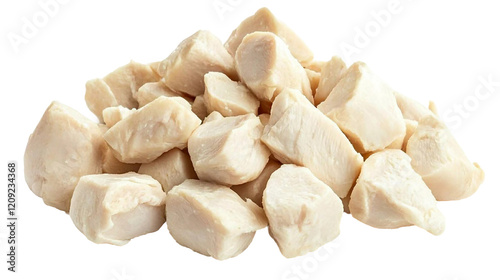 Fresh chicken cubes isolated on a transparent background, perfect for food photography or cooking. Ideal for recipes, healthy meals, or meal prep showcasing high-protein, organic ingredients.