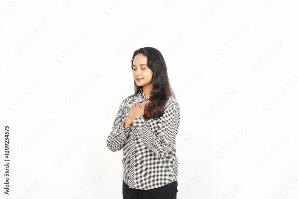 Expressing Gratitude with Hands on chest Of Beautiful Asian Woman Isolated On White Background Expressing Gratitude with Hands on chest Of Beautiful Asian Woman Isolated On White Background