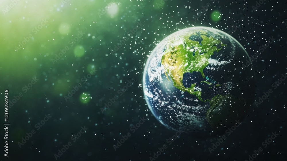 Obraz premium Green Earth with orbiting icons of rainwater harvesting and wind energy