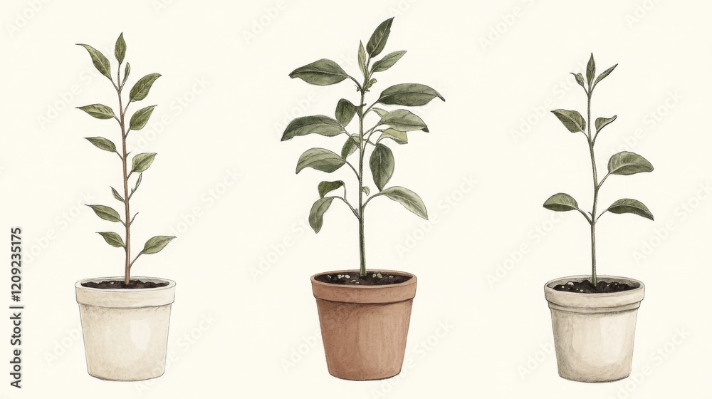 Obraz premium Three potted plants, varying sizes and growth stages, illustrated.