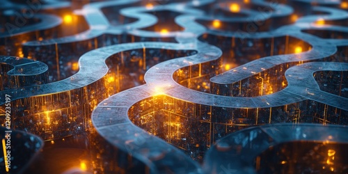 Crystal maze of market paths, glowing decision points