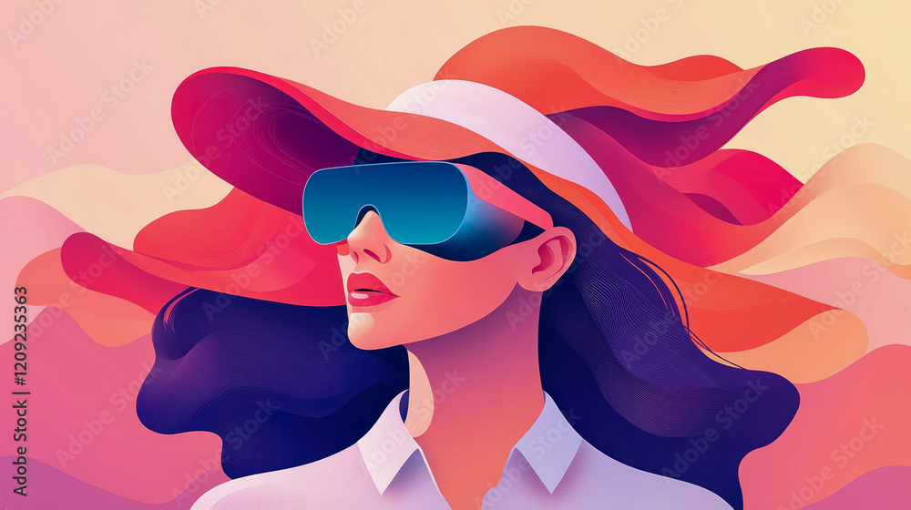 Stylish Woman in Virtual Reality Headset and Wide-brimmed Hat Against Abstract Landscape Stylish Woman in Virtual Reality Headset and Wide-brimmed Hat Against Abstract Landscape