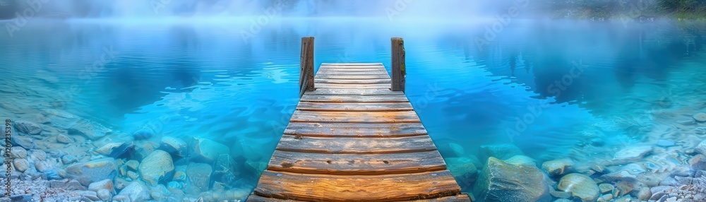 A serene wooden dock extends over clear blue water, surrounded by misty tranquility, inviting reflection and calm. A serene wooden dock extends over clear blue water, surrounded by misty tranquility, inviting reflection and calm.