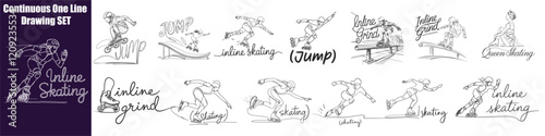 Inline Skating Set Continuous One Line Drawing Vector Art