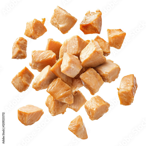 Cooked Chicken Breast Cubes Isolated on White and Transparent Background
