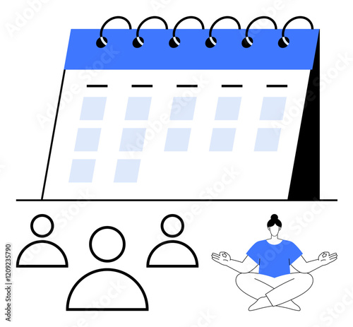 Desk calendar, three user icons, and meditating person. Ideal for teamwork, planning, mindfulness, scheduling, productivity wellness balance. Abstract line flat metaphor